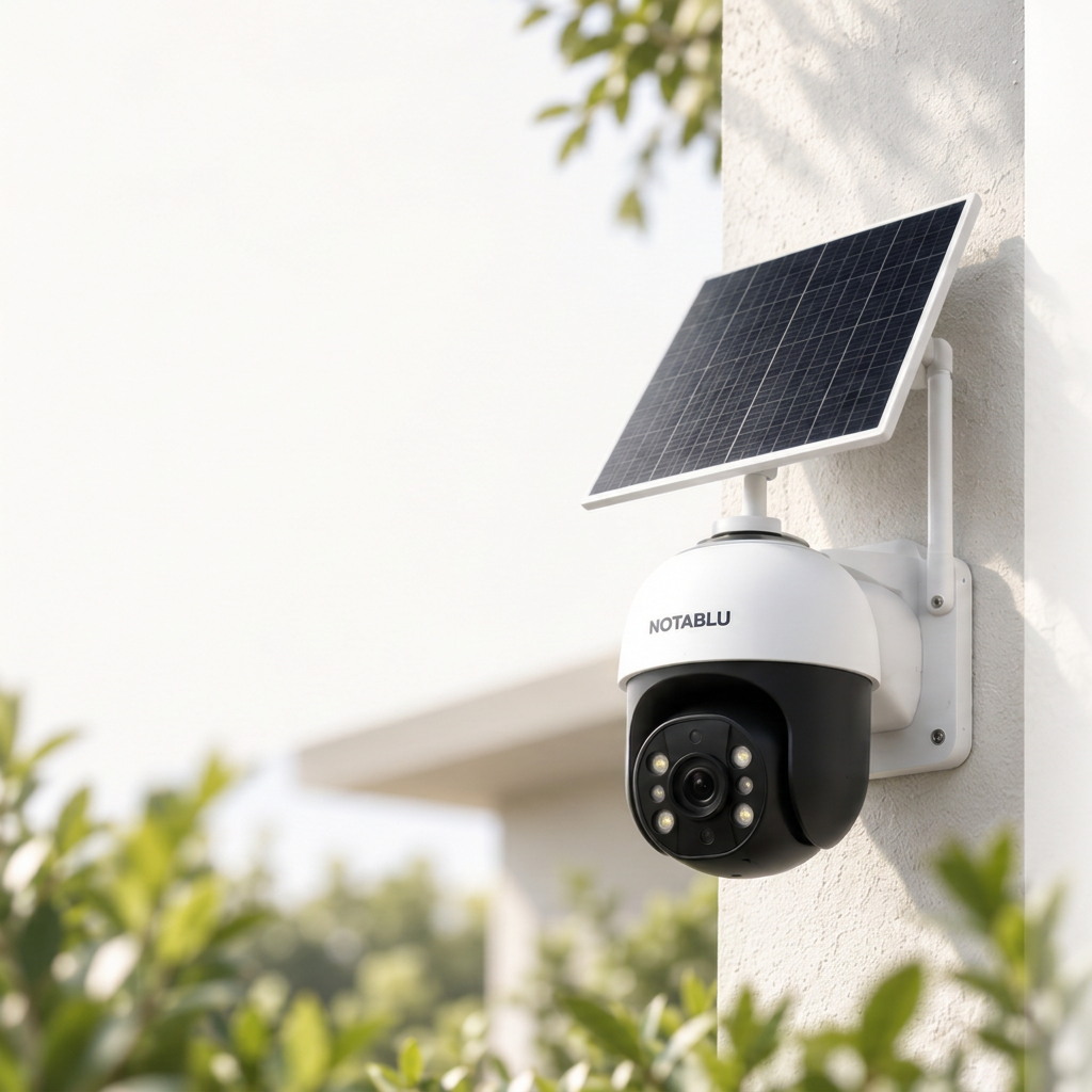 Solar Cam en paneel op een lichte muur met groen